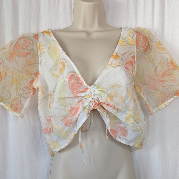 Urban Outfitters Neon Floral Sheer Crop Top Size Medium - Picture 1 of 13